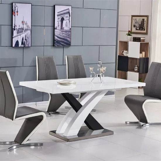 Mesa de comedor de 6/8 asientos, extensible, moderna, de alta calidad, para restaurante, Hotel, venta al por mayor, de acero inoxidable, con tapa de MDF, color blanco y negro