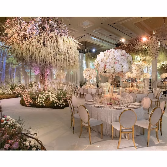 Mesas de comedor redondas grandes para eventos de boda de acero inoxidable dorado con forma de media luna