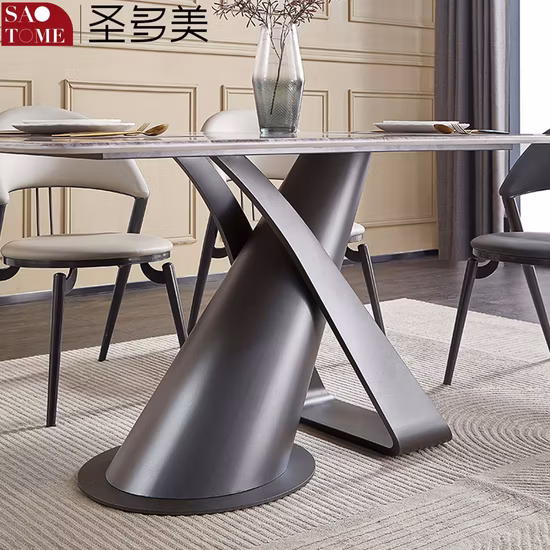 Mesa de comedor moderna de losa de roca/mármol con base de acero inoxidable para el hogar